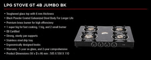 Sunflame 3B Jumbo Glass Top LPG Stove